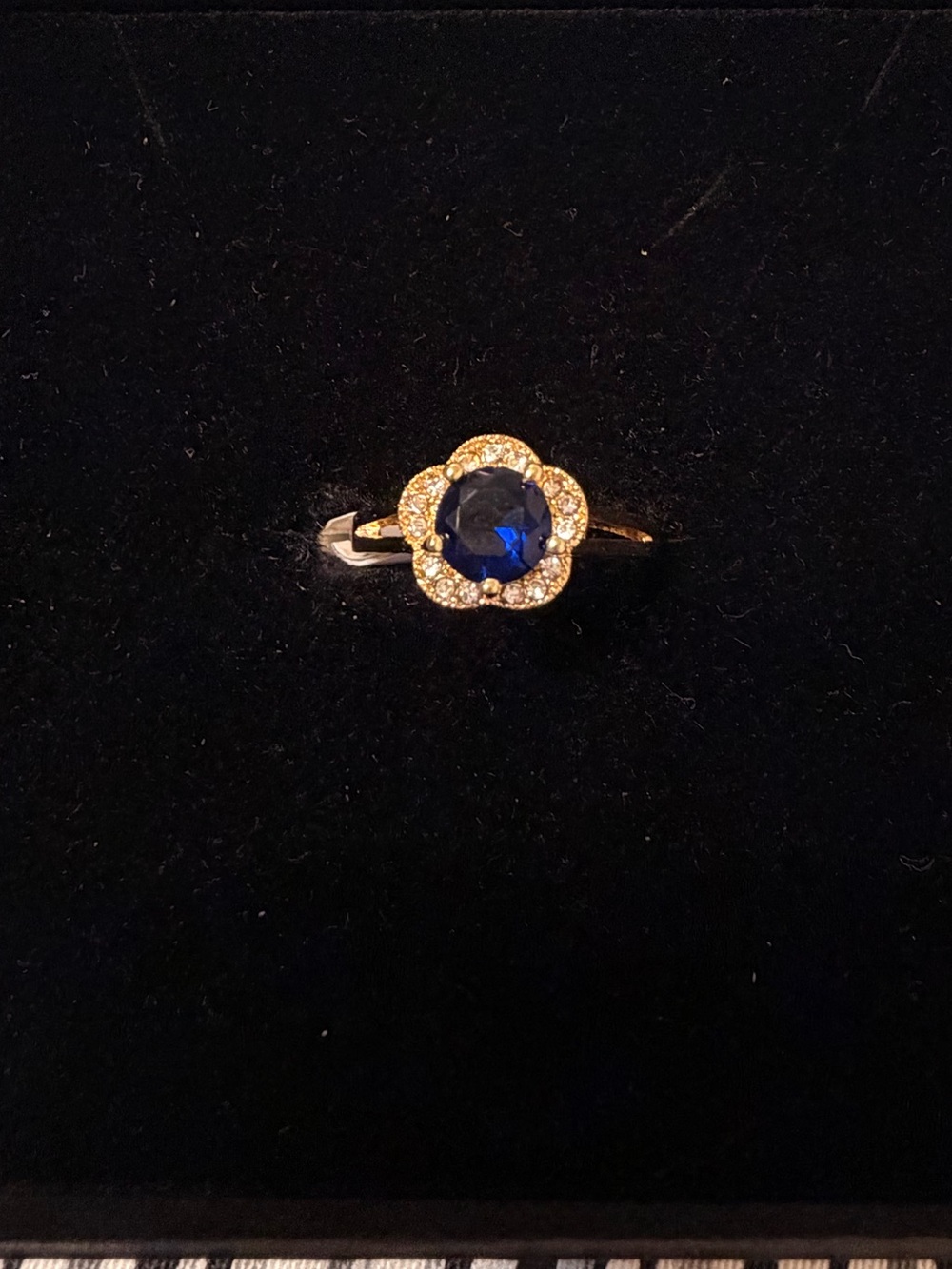 Beautiful Blue Crystal Floral Halo Gold Tone Stainless Steel Ring.